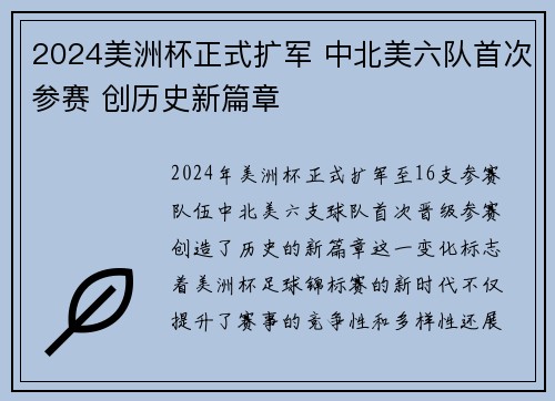 2024美洲杯正式扩军 中北美六队首次参赛 创历史新篇章