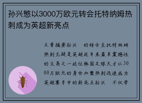 孙兴慜以3000万欧元转会托特纳姆热刺成为英超新亮点
