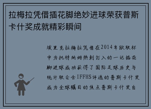 拉梅拉凭借插花脚绝妙进球荣获普斯卡什奖成就精彩瞬间